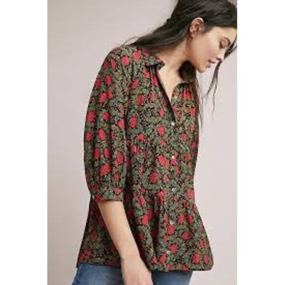 Eri + Ali Tops - Eri + Ali Anthropologie Floral Tiered Mini Dress/Blouse Red Green Black Small